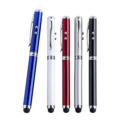 Bolígrafo de aluminio con luz blanca, láser y goma óptica touch screen. Incluye 3 baterías. (No incluye caja). AZUL