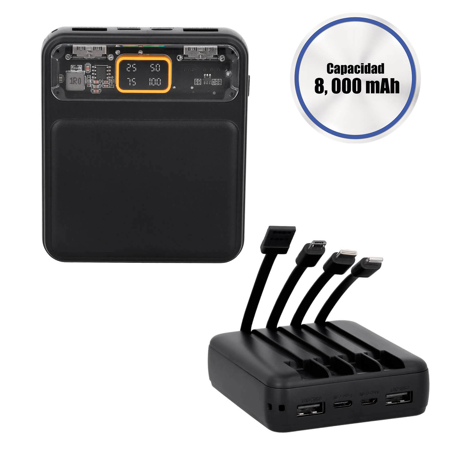 Power Bank de 8,000 mAh con carga rápida, cables para dispositivos de entrada USB, micro USB, tipo C y lightning, además de 2 puertos USB, 1 Micro y 1 tipo C. Incluye indicador de carga y botón de encendido o apagado. NEGRO