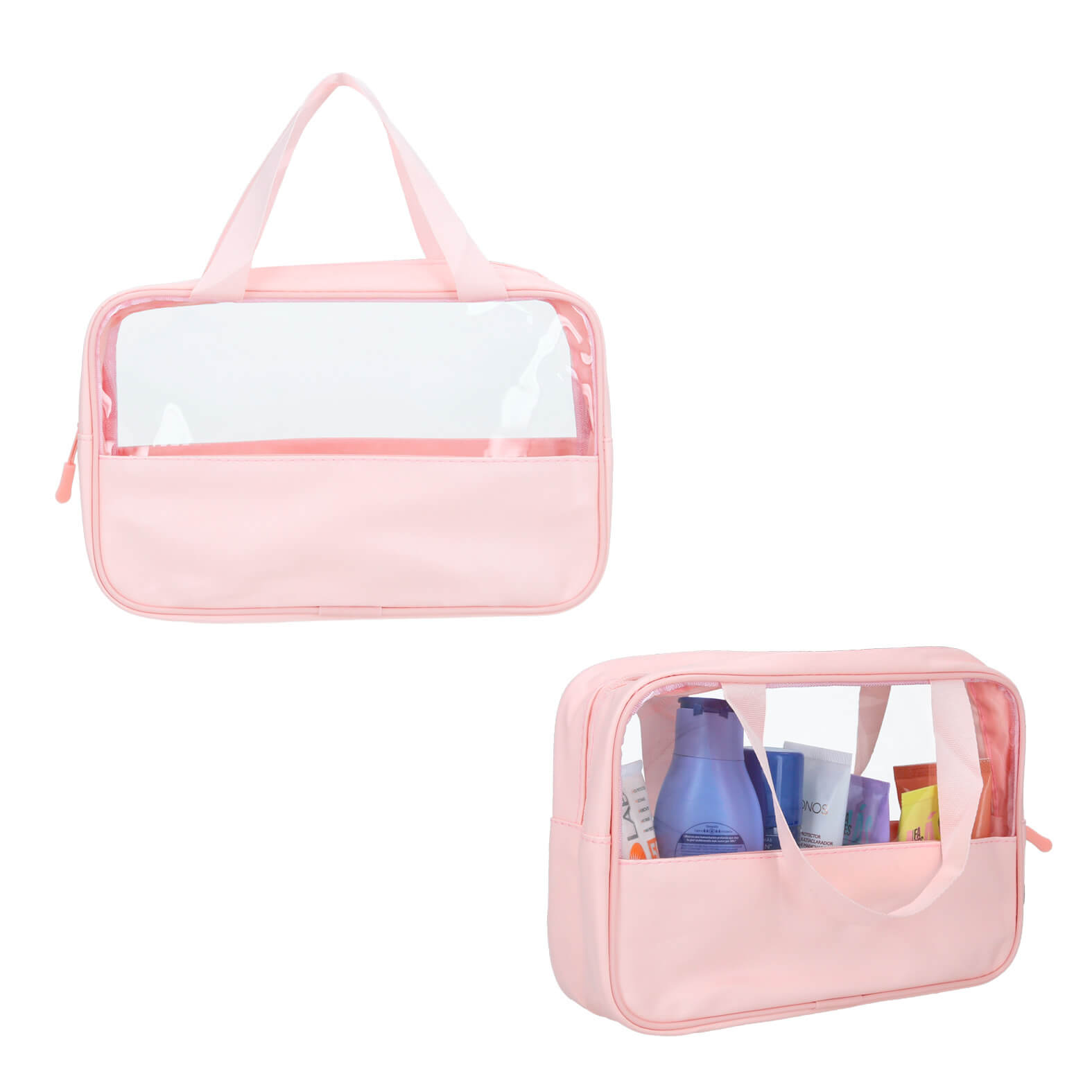Cosmetiquera de plástico con parte superior transparente, costuras en color rosa, cierre y doble asa. ROSA