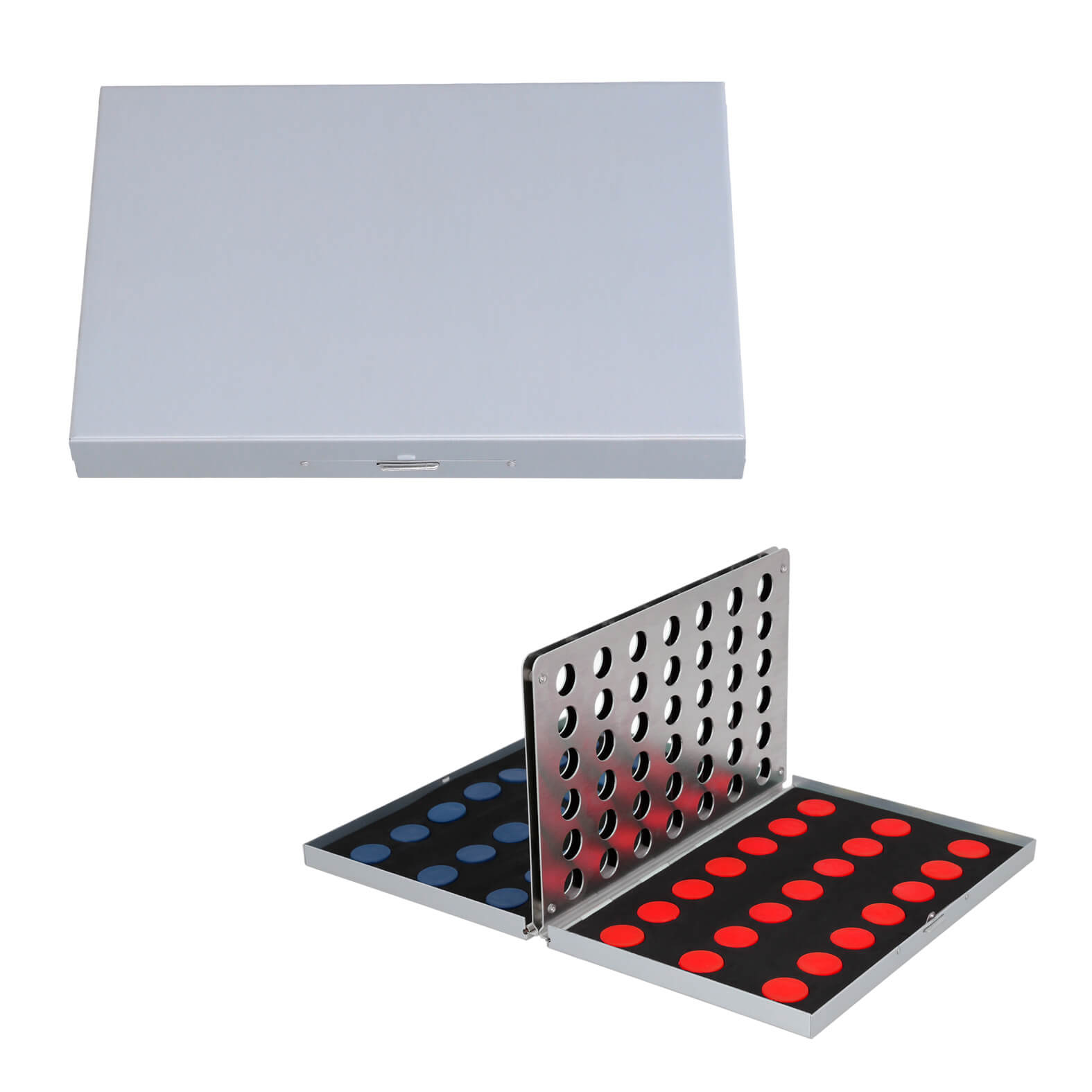 Tablero de metal 4 en línea, con 42 fichas de 2 colores diferentes. PLATA