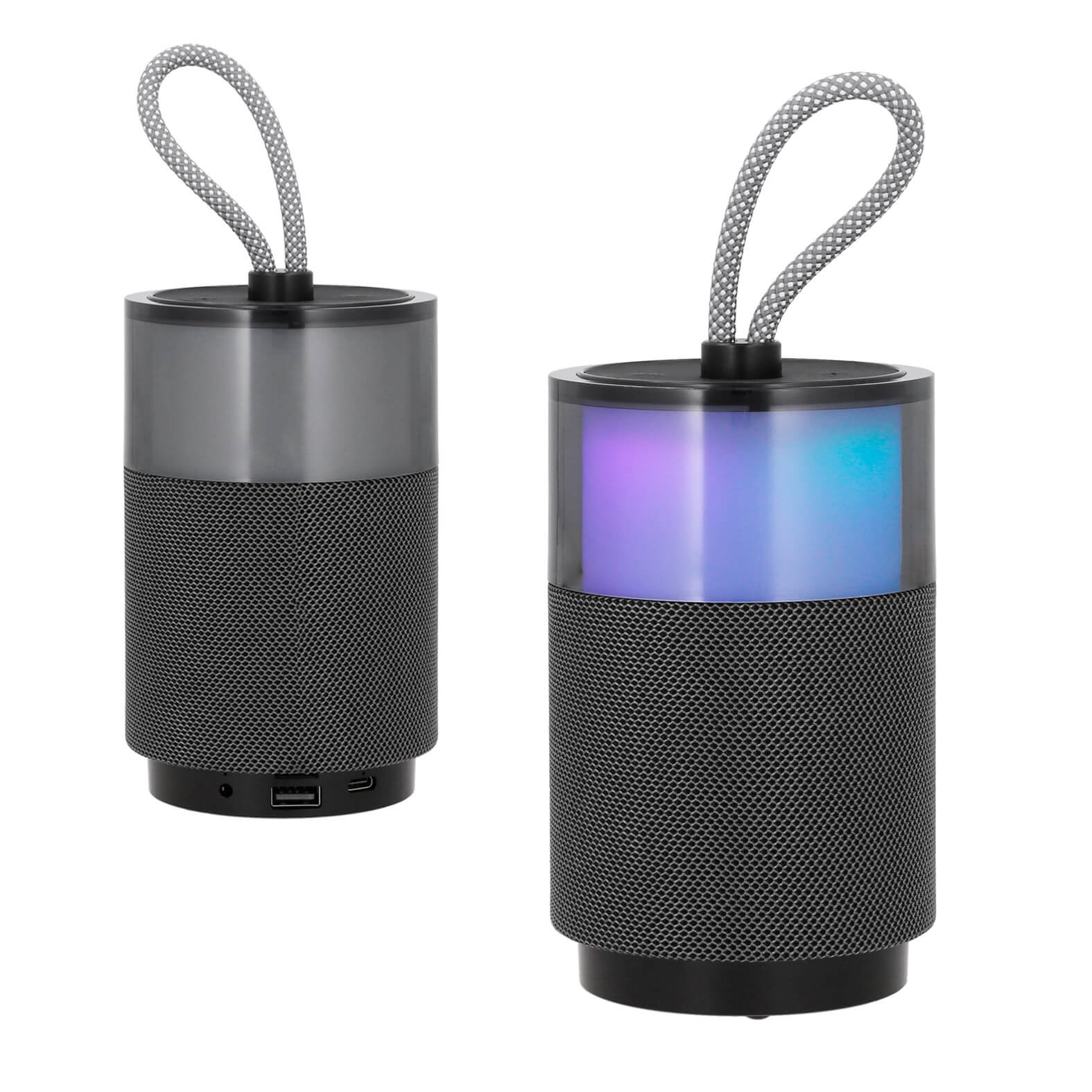 Bocina bluetooth portátil con 7 colores de luces LED, entrada para auxiliar, TF, USB y micrófono para contestador de llamadas. Incluye cable tipo C. GRIS