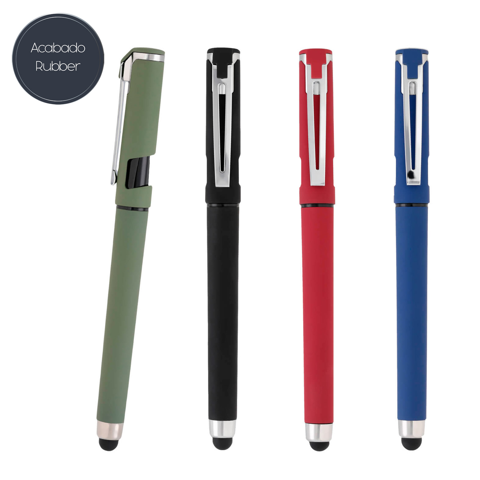 Bolígrafo de plástico acabado rubber, tinta de gel y goma touchs creen. Incluye tapa con clip y espacio que sirve como soporte para celular. AZUL