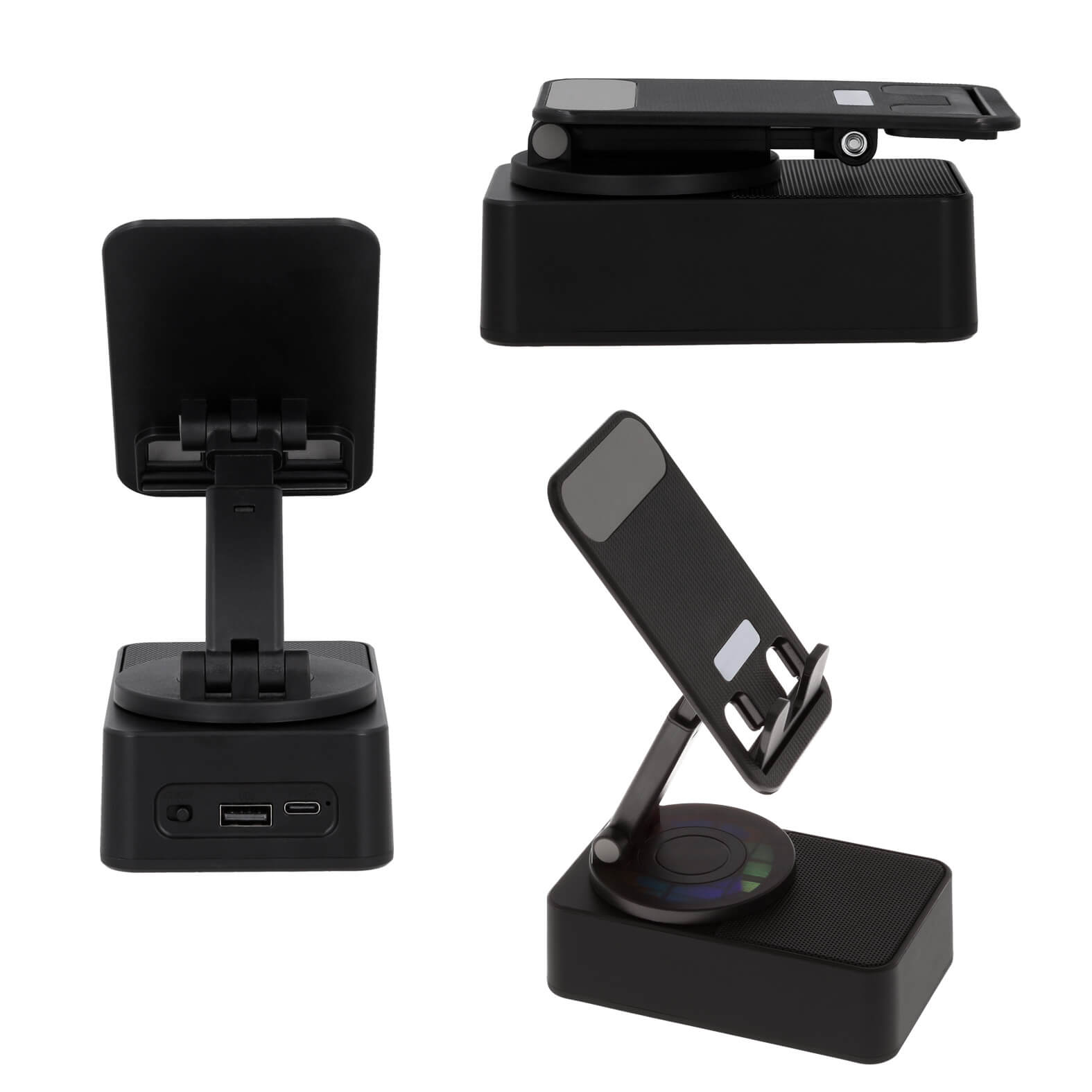 Bocina bluetooth portátil con soporte para celular plegable, luz RGB de 7 colores y con entrada USB. Incluye cable de carga tipo C. NEGRO