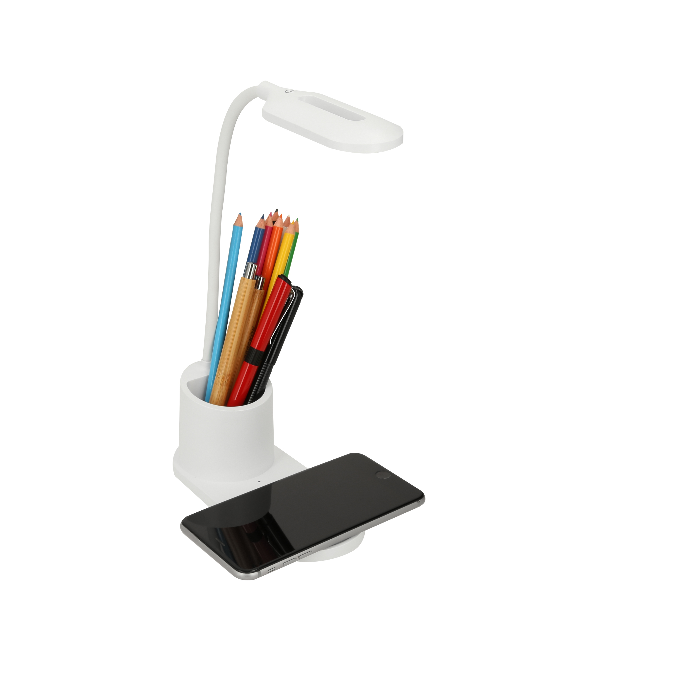 Lámpara para escritorio con organizador y cargador Wireless para smartphones compatibles con tecnología Qi. Incluye cable de carga. BLANCO