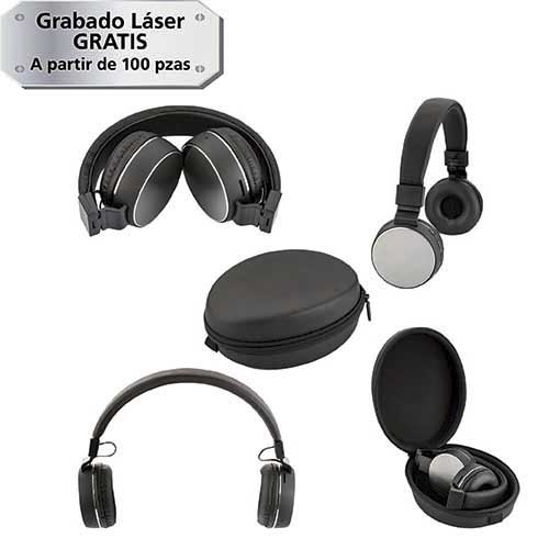 Audífonos Bluetooth plegables con función manos libres. Controles integrados de llamada, volumen y reproducción de audio. Incluye cable cargador, cable auxiliar y estuche. NEGRO