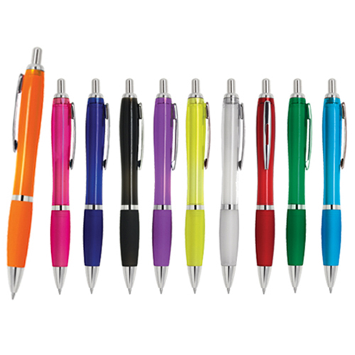 Bolígrafo de plástico traslúcido con clip metálico y grip de goma. AMARILLO