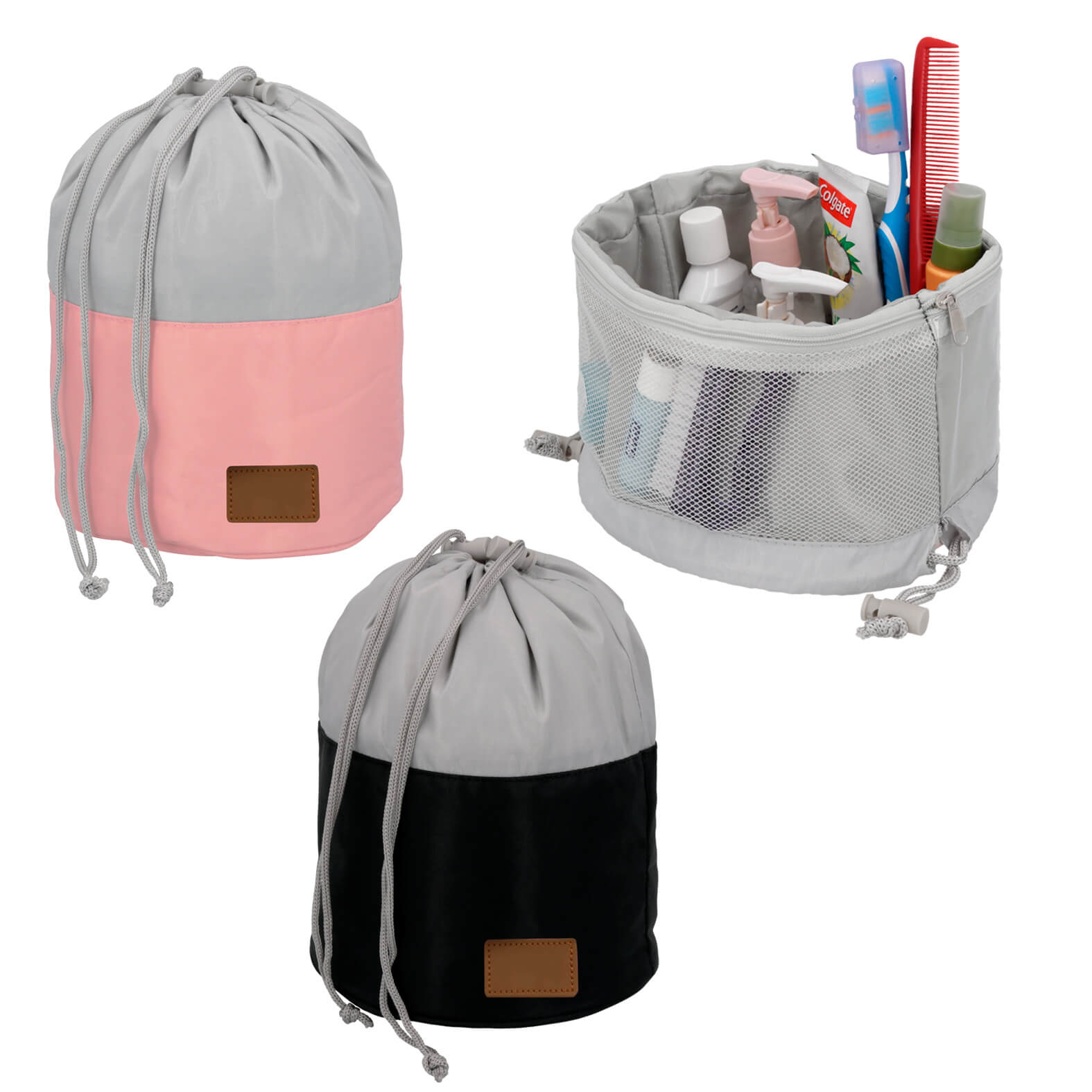 Cosmetiquera / morral de viaje. Contiene 1 compartimento interno de malla, 1 compartimento interno de plástico y separadores de resorte. NEGRO