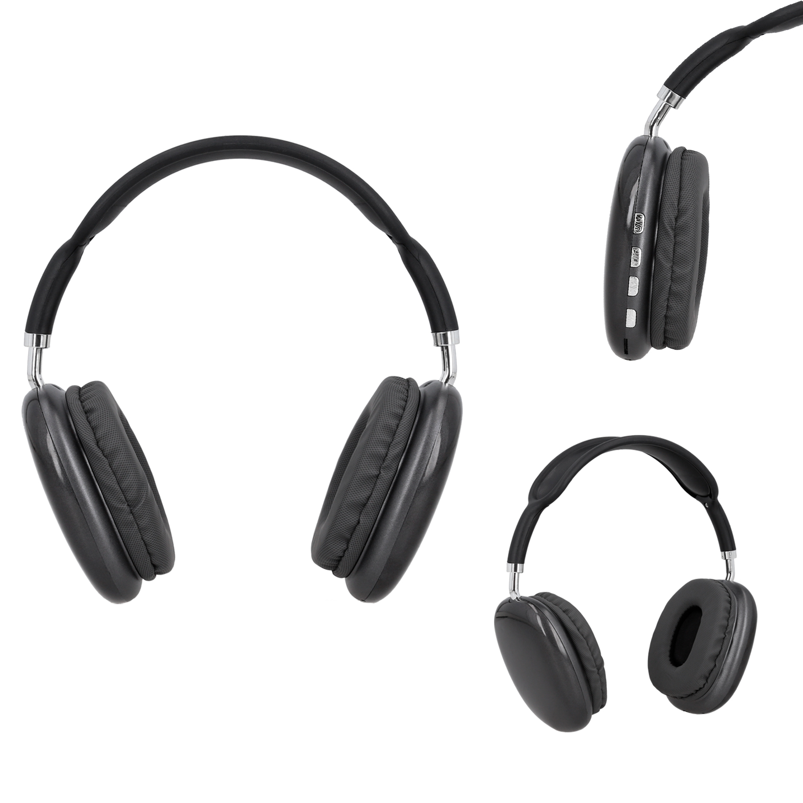 Audífonos bluetooth de plástico con función de manos libres, controles de llamada, volumen, reproducción de audio, botón de encendido y apagado que cuenta con entrada para tarjeta de memoria micro SD y auxiliar. Incluye cable de carga. NEGRO