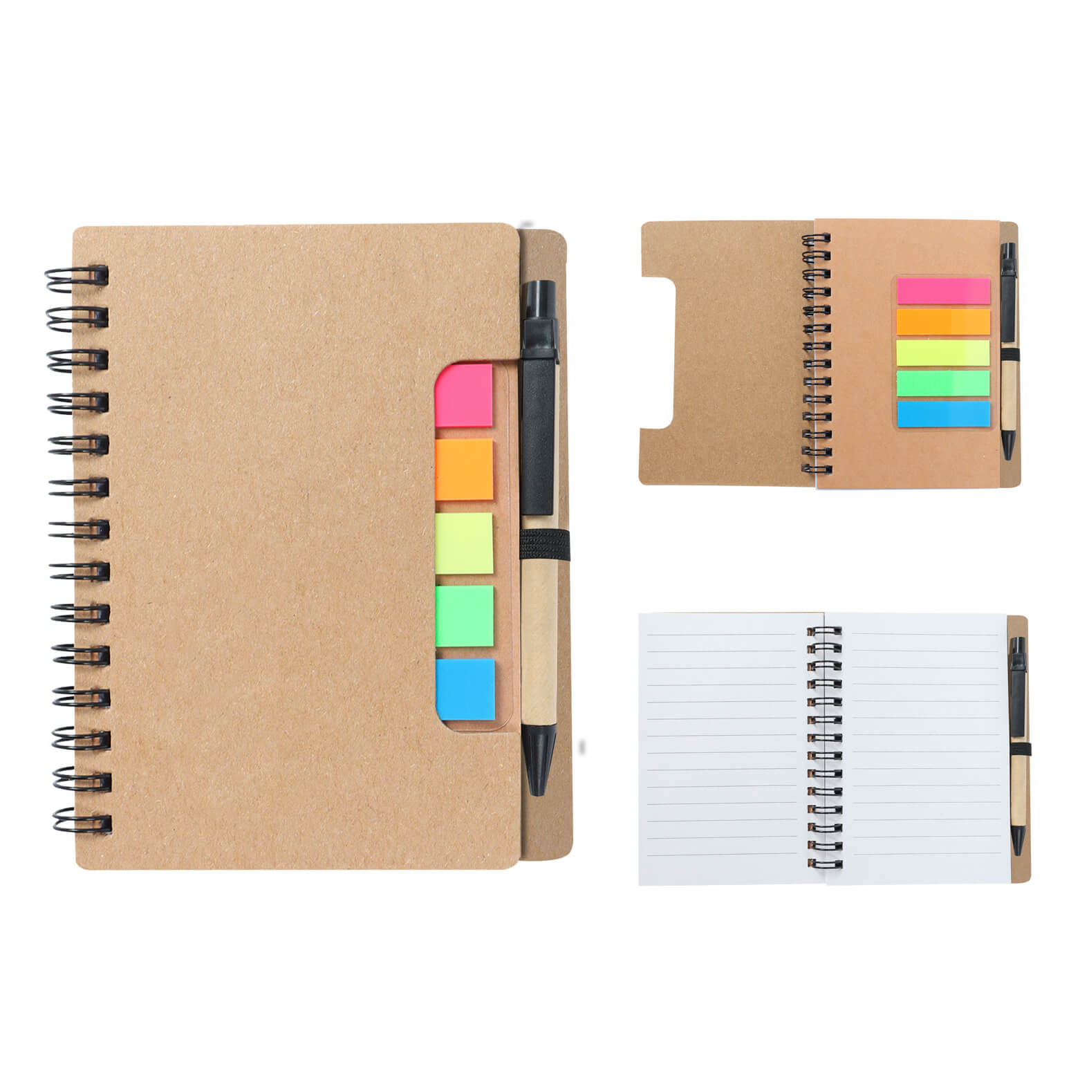 Mini libreta ecológica con espiral, 5 tiras de banderas adheribles, bolígrafo y 70 hojas de raya. CARTON