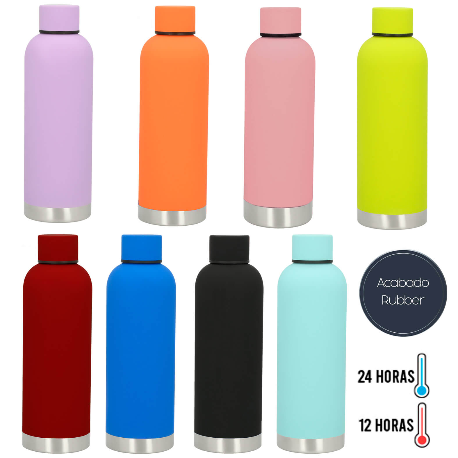 Termo de acero inoxidable de doble pared insulado al vacío con acabado rubber y tapa enroscable. AZUL CLARO