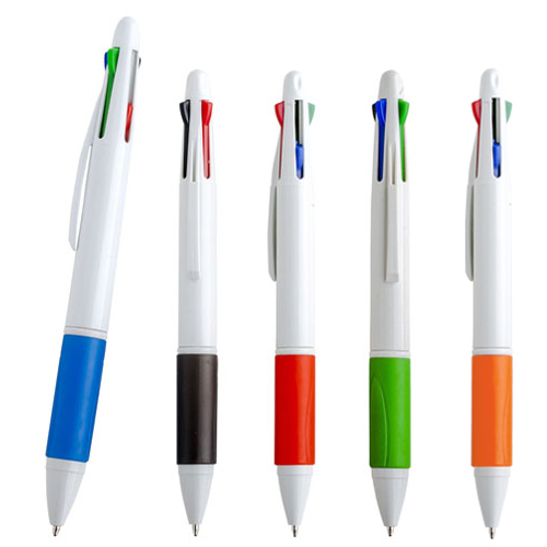 Bolígrafo de plástico con 4 tintas: rojo, negro, azul y verde. AZUL
