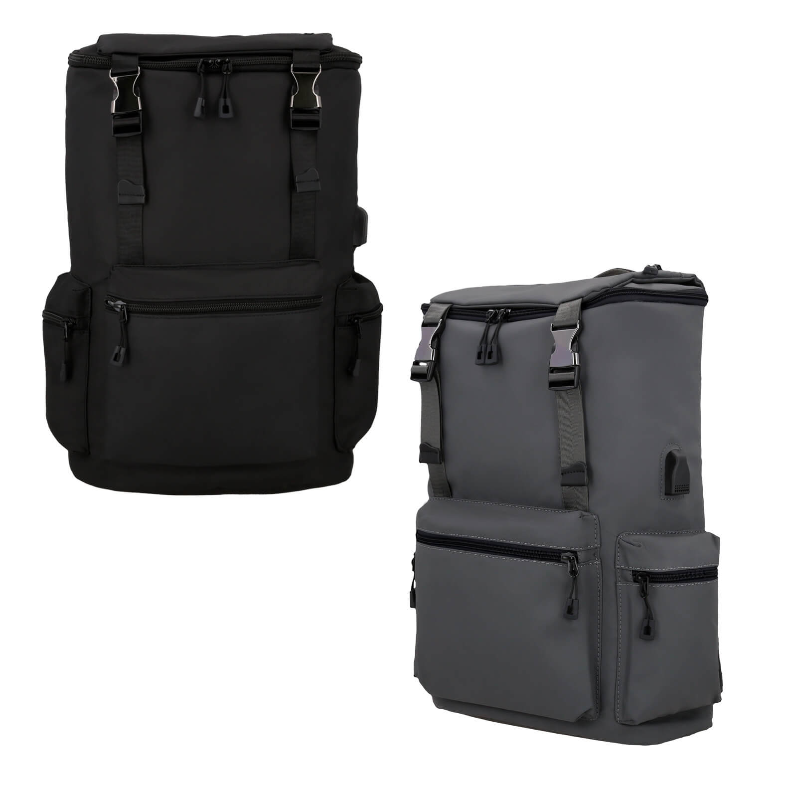 Mochila de 1 compartimento principal con espacio para porta laptop, 1 bolsa interna, 1 bolsa frontal, dos bolsas laterales con cierre, 1 bolsa en parte superior, broches, carry on y asa superior. NEGRO