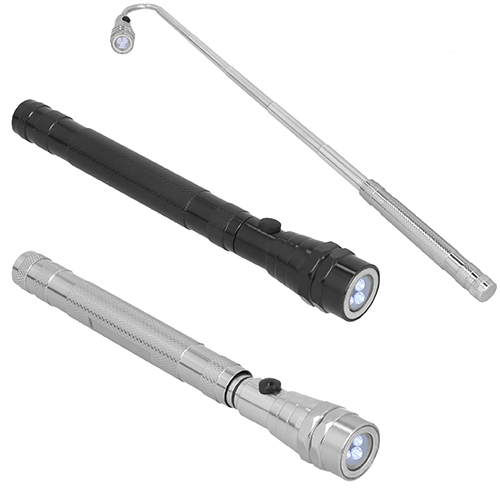 Linterna metálica teléscopica con imán, luz LED, cabezal flexible y retráctil hasta 50 cm. Incluye 4 baterías de botón. NEGRO