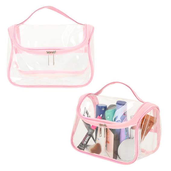 Cosmetiquera de plástico transparente, costuras en color rosa, doble cierre y asa. ROSA