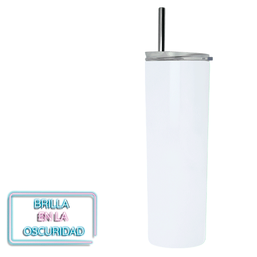 Termo de acero inoxidable con con doble pared insulado al vacío que brilla en la oscuridad. Incluye tapa de plástico a presión con boquilla deslizable y popote de acero inoxidable. BLANCO