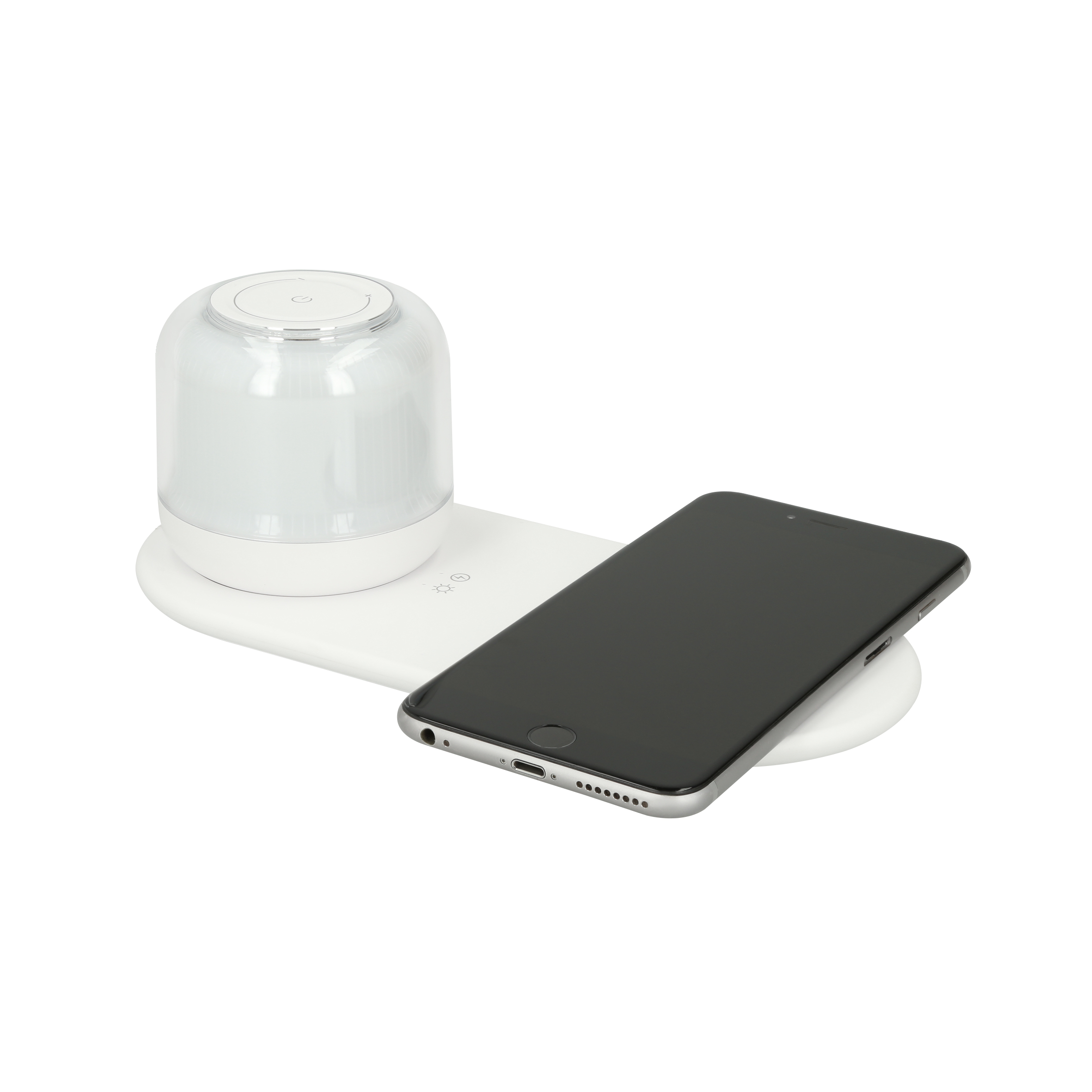 Cargador Wireless con lámpara de luz LED y ajuste de color de 360 grados, con base antiderrapante. Incluye cable de carga tipo C. BLANCO