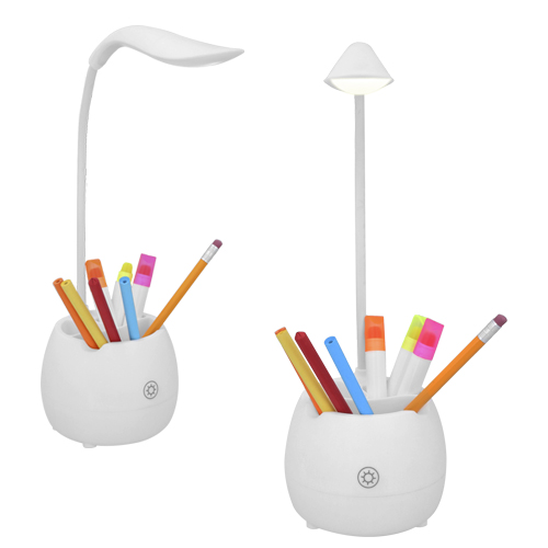 Lámpara portátil con luz LED, lapicero, base y soporte flexible de plástico, con modificador de intensidad touch. Incluye cable de carga. BLANCO