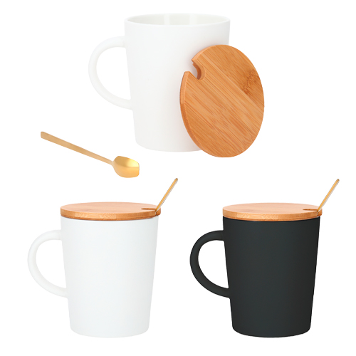 Taza de cerámica con tapa de bambú y cucharilla. BLANCO
