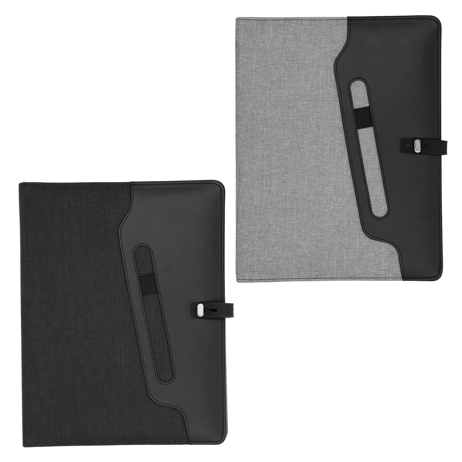 Carpeta multiusos con exterior de poliéster, broche y compartimento externo para bolígrafo. Cuenta con block de notas tamaño carta de 30 hojas rayadas, cintas elásticas para sujetar Smartphones y memorias USB u otros accesorios, compartimento con ventana plástica para credenciales, divisiones para tarjetas y bolsa de malla. GRIS