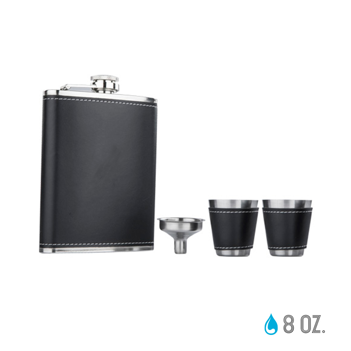 Set de licorera que incluye 2 vasos metálicos, embudo y caja de regalo. NEGRO