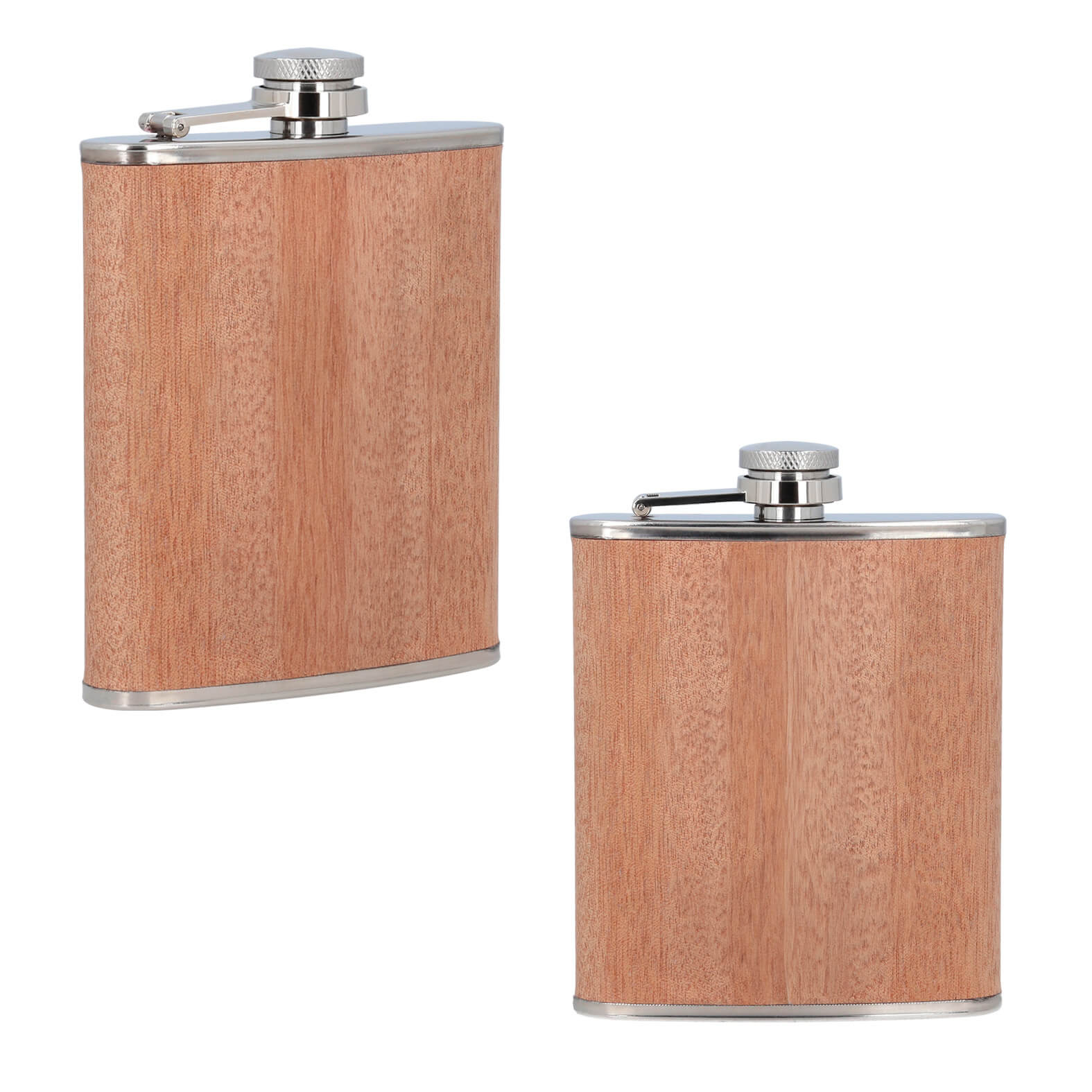 Licorera de 7oz. con acabado de madera y tapa enroscable sujeta al cuerpo. MADERA