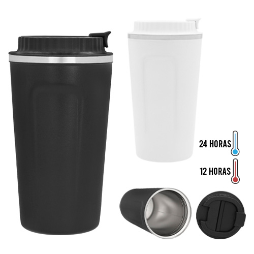 Termo con doble pared de acero inoxidable, con tapa plástica enroscable y boquilla de seguridad. BLANCO