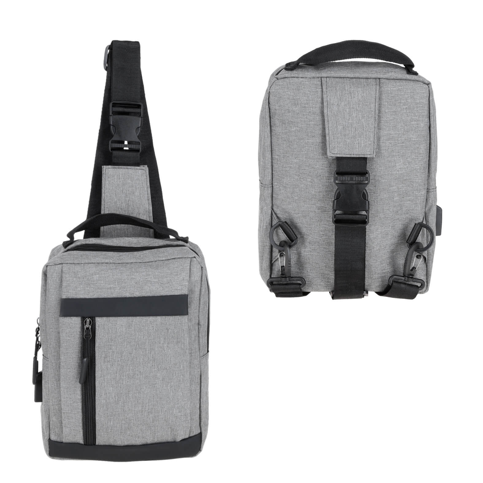 Bolsa de hombro con 2 compartimentos, 1 compartimento principal con bolsa interna y entrada lateral de batería portátil, 1 compartimento frontal, doble correa ajustable, broche de seguridad y asa superior. GRIS