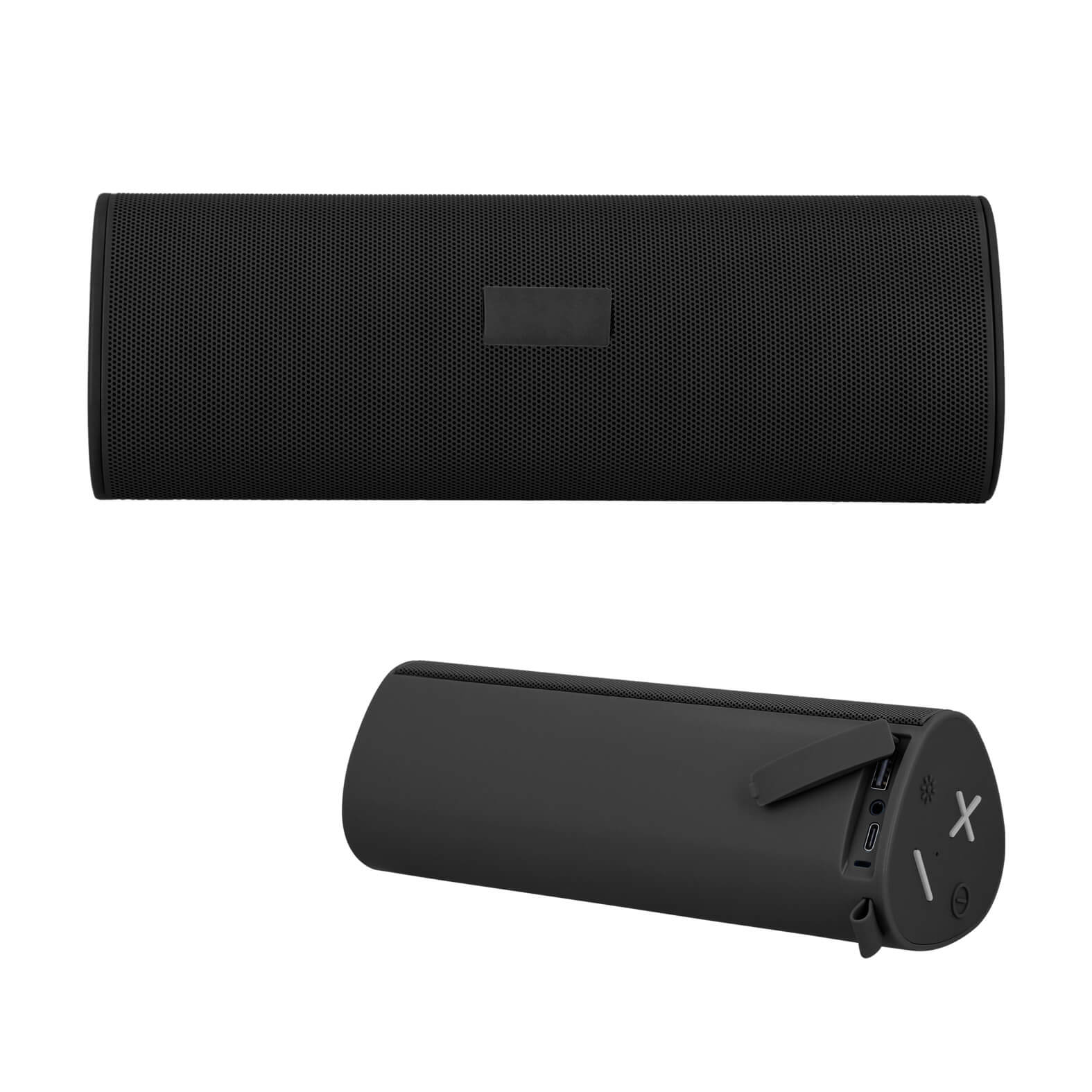 Bocina bluetooth portátil con luz LED intercambiable, entrada USB, micro SD, auxiliar y FM. Incluye cable de carga tipo C. NEGRO