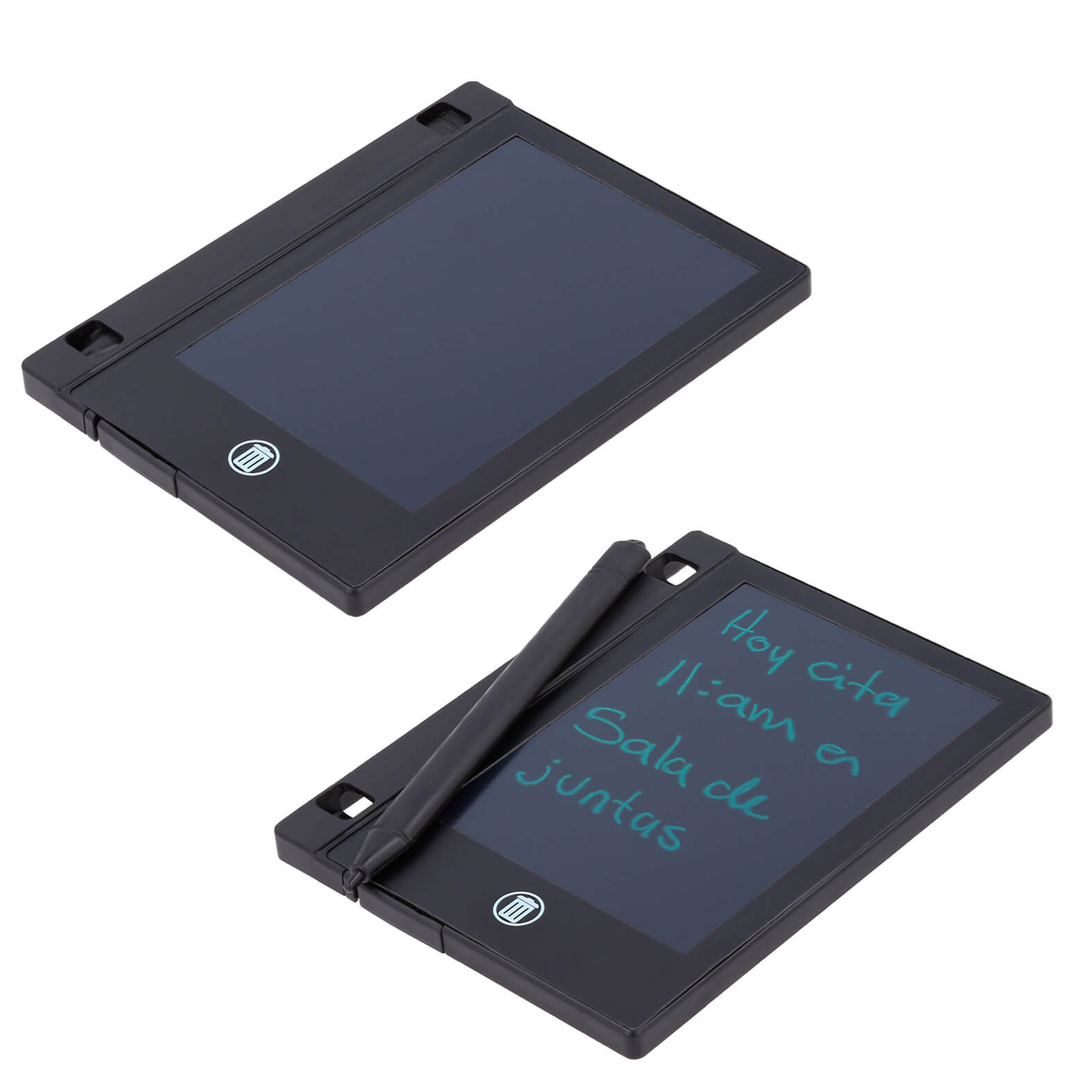 Mini pizarrón digital de plástico, con plumilla, botón para eliminar escritura, botón de bloqueo para evitar la pérdida de información e imán en la parte trasera. Incluye una batería. NEGRO