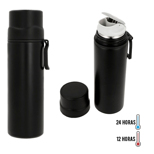 Termo de acero inoxidable y doble pared insulado al vacío con tapa de seguridad la cual puede ser utilizada como taza. NEGRO