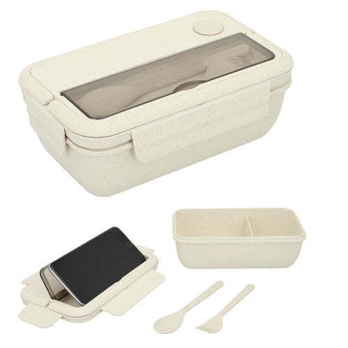 Contenedor para alimento de wheat Straw, con 2 compartimentos para alimentos,1 para cubiertos en la parte superior y soporte para celular. Incluye cuchara y tenedor. Capacidad de 1100 ml. NATURAL