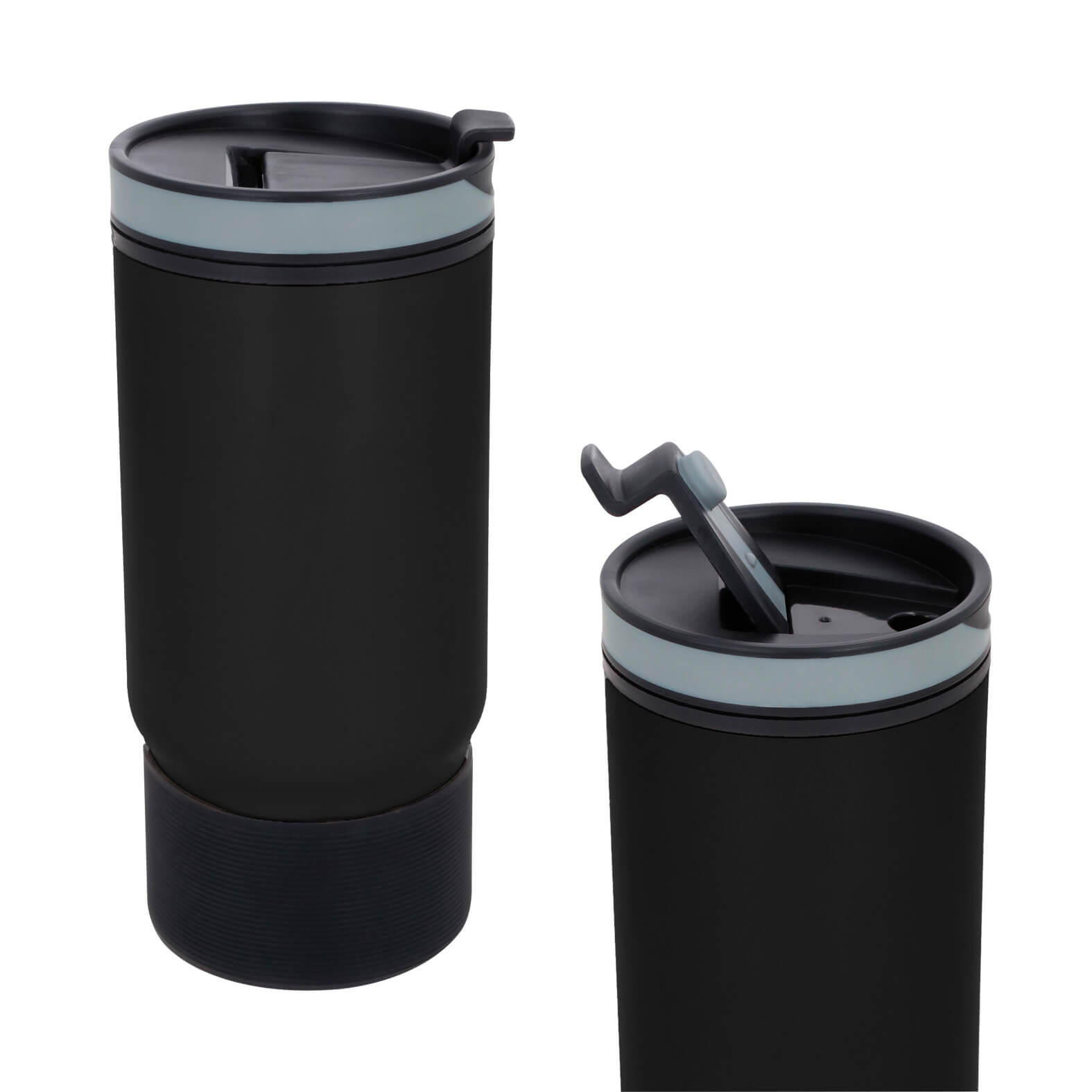 Termo de doble pared con exterior de acero inoxidable e interior de plástico, con silicón remobible y tapa enroscable con boquilla de cierre a presión. NEGRO