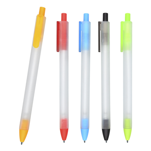 Bolígrafo de plástico con barril y clip traslúcido, con mecanismo de click. AZUL