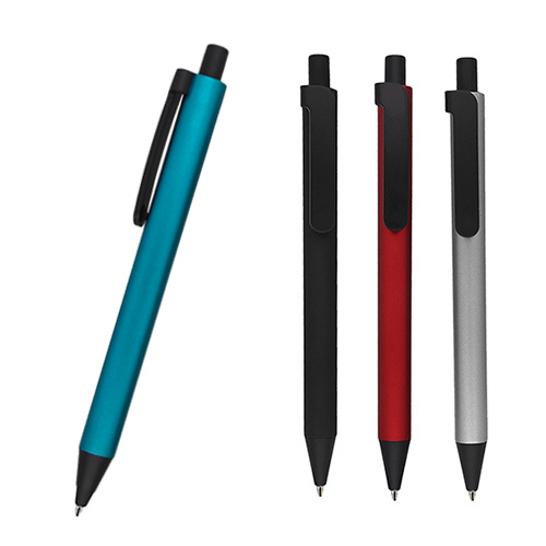 Bolígrafo de plástico de apariencia metálica con mecanismo de click. AZUL