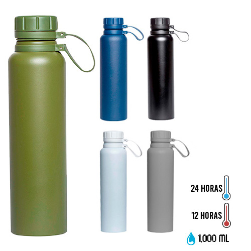 Termo de doble pared de acero inoxidable con acabado rugoso, insulado al vacío con tapa enroscable y correa de silicón. AZUL