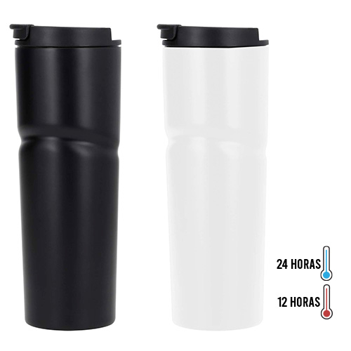Termo insulado al vacío, con doble pared de acero inoxidable, acabado rugoso, tapa plástica enroscable y boquilla de seguridad. BLANCO