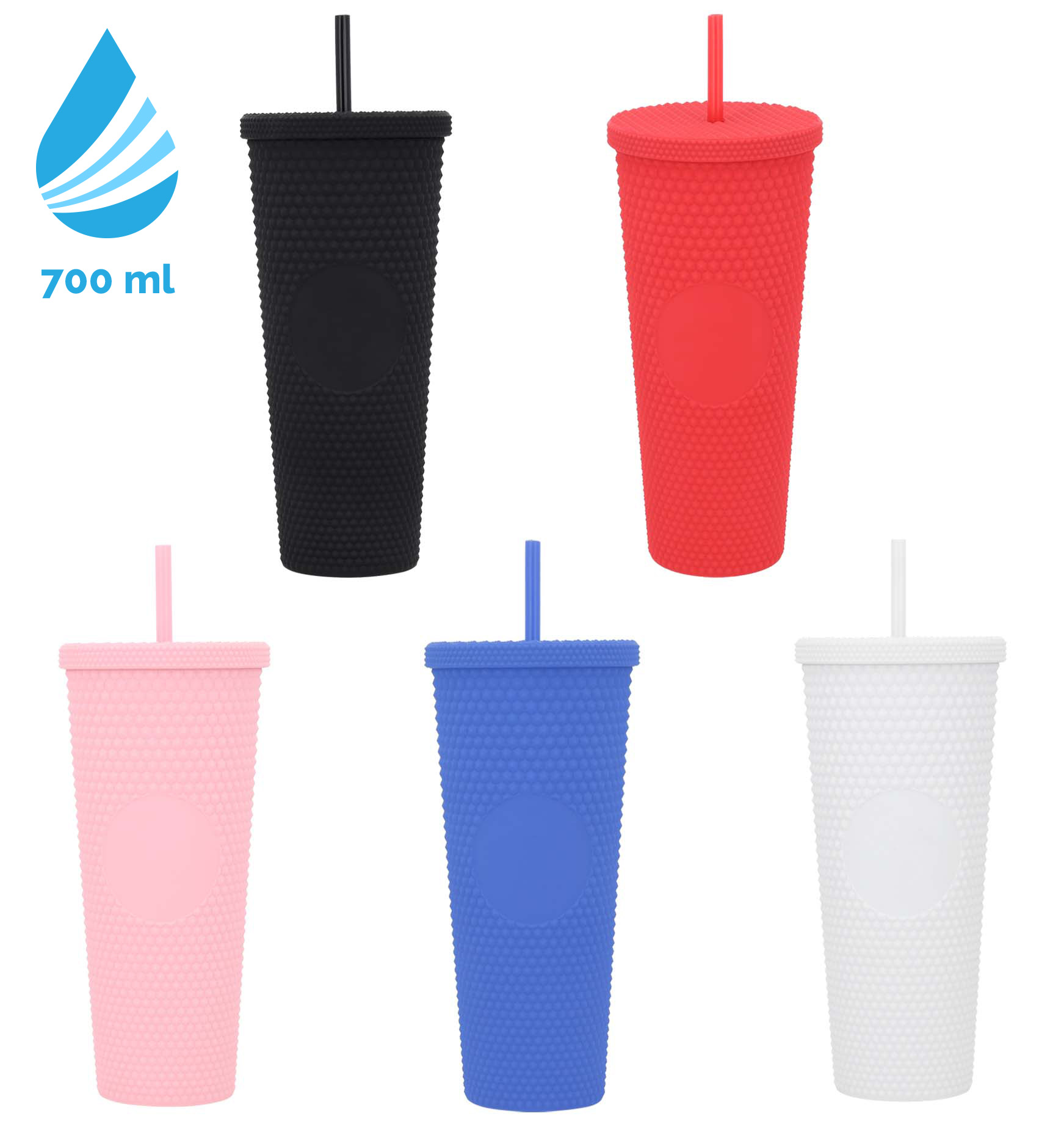 Vaso con doble pared de plástico, textura, tapa enroscable y popote incluido. AZUL