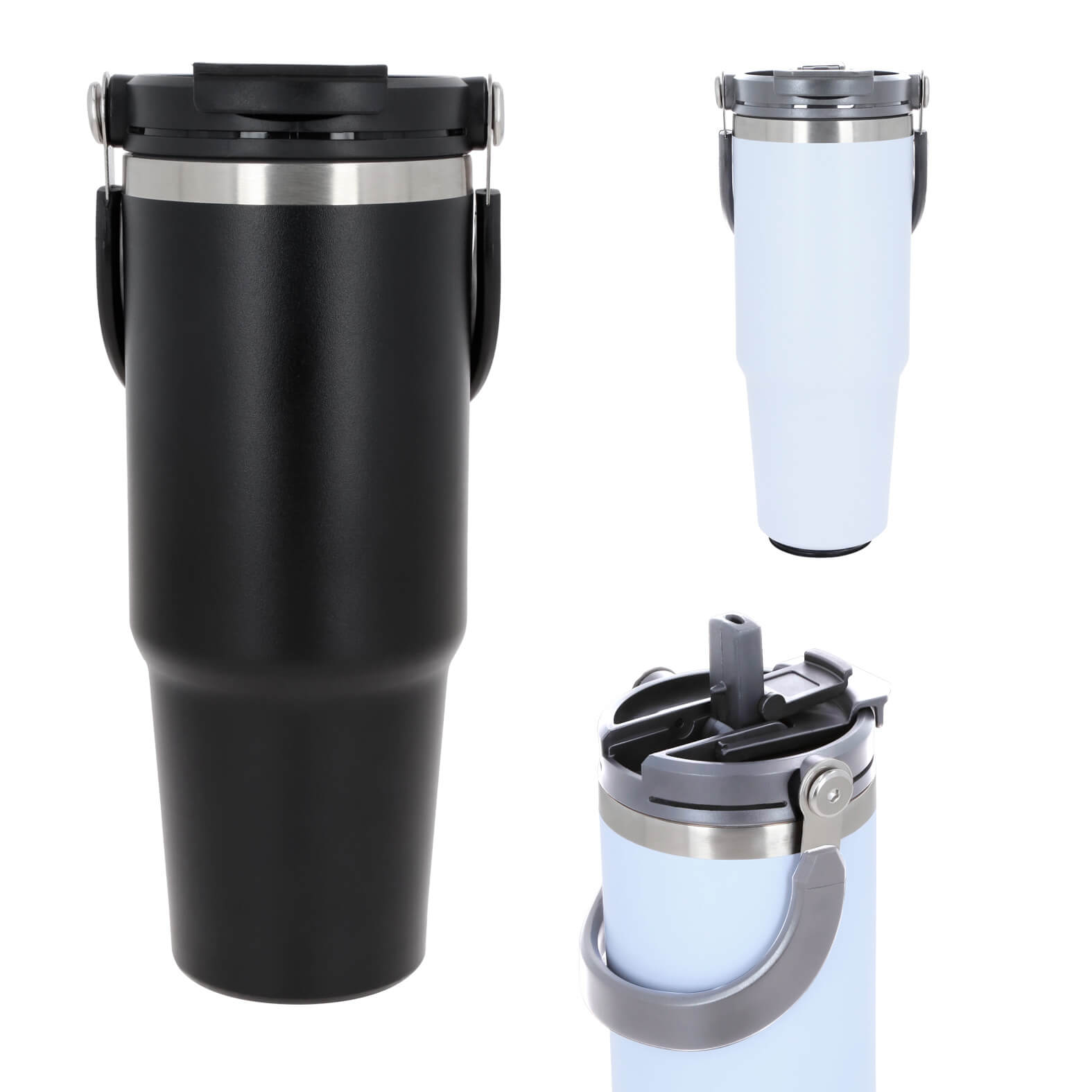 Termo con doble pared de acero inoxidable, insulado al vacío, acabado rugoso, tapa enroscable con cierre a presión y popote. Incluye asa plegable. BLANCO