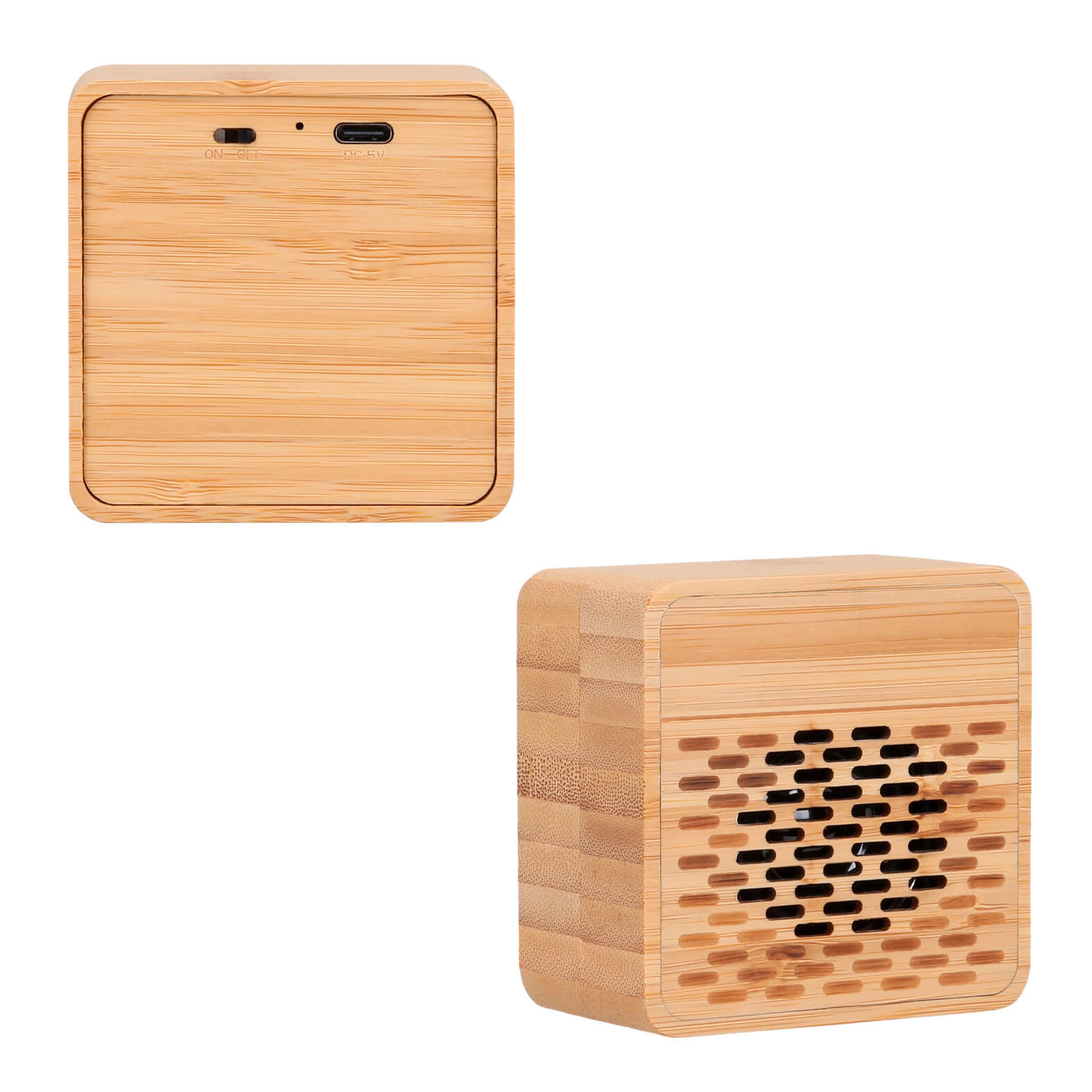 Bocina bluetooth portátil de bambú con botón de encendido y apagado. Incluye cable de carga tipo C. BAMBU