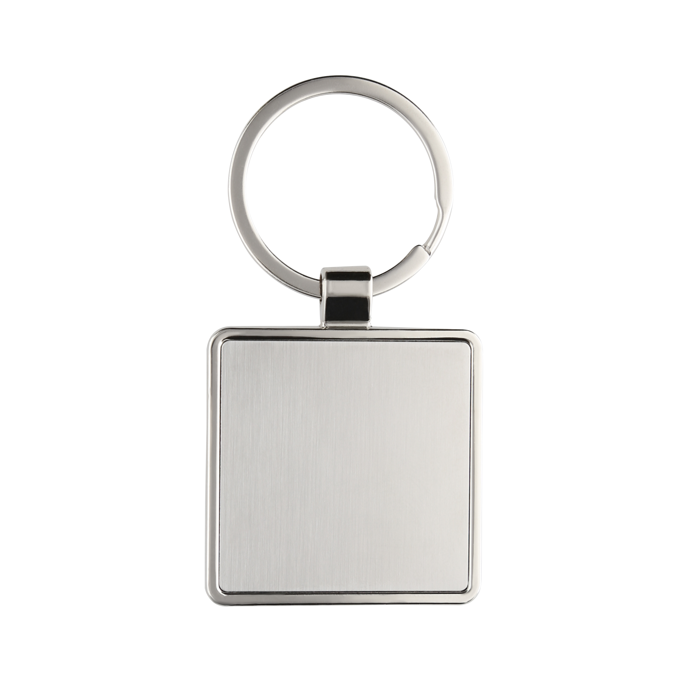 Llavero metálico de placa solida en forma de cuadrado con arillo reforzado. PLATA