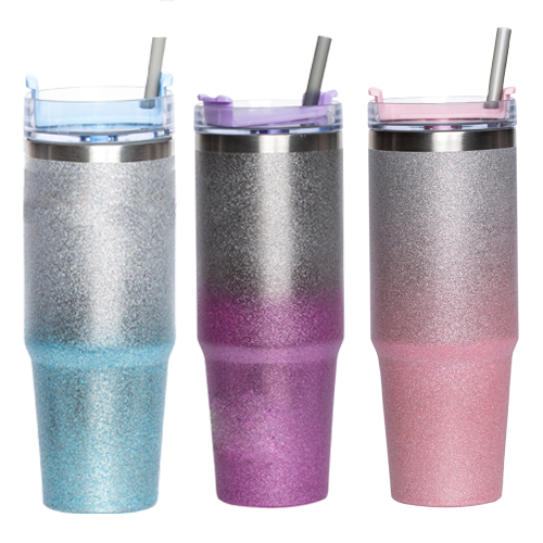 Termo con glitter, insulado al vacío, con tapa enroscable. Incluye popote. AZUL