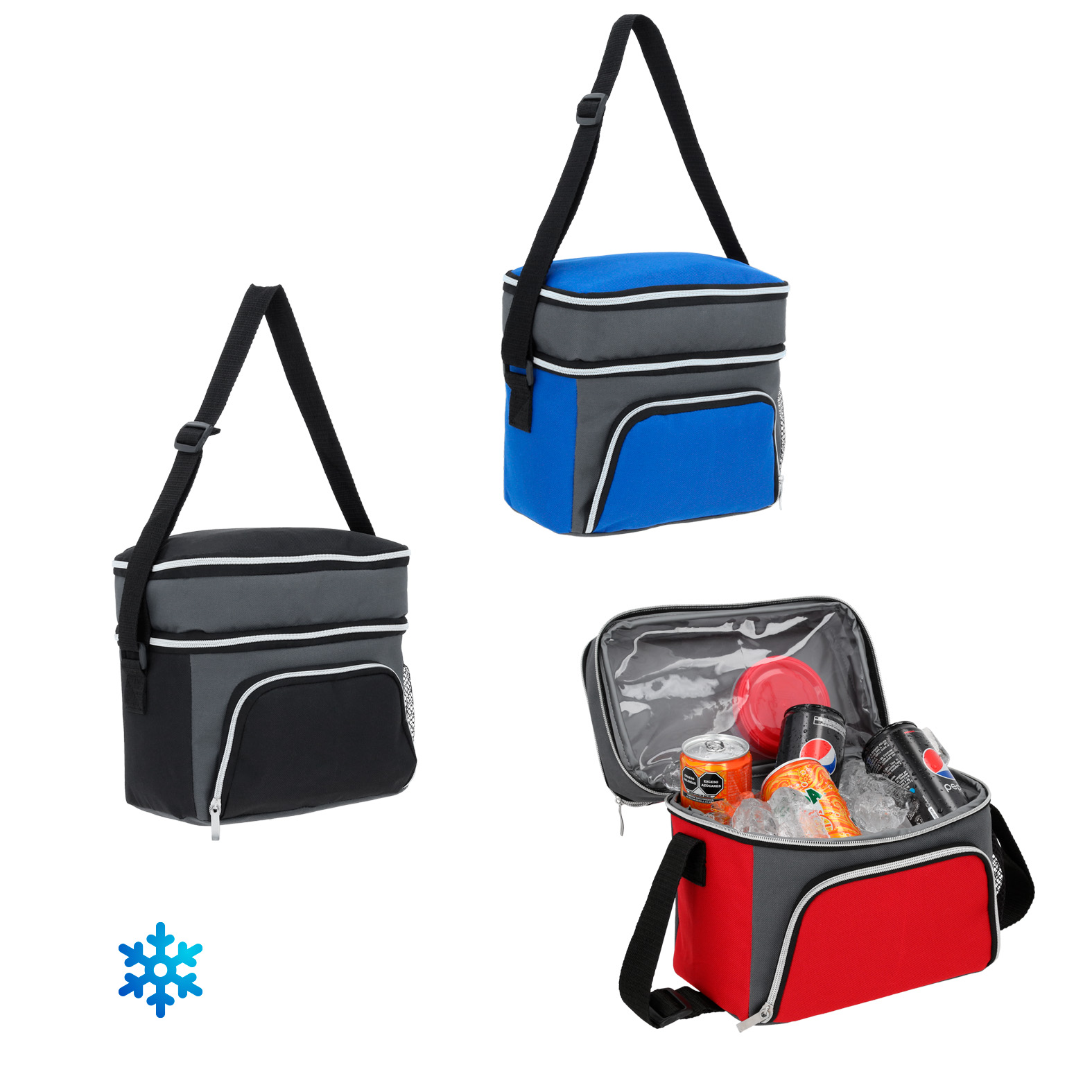 Hielera de 3 compartimentos: 1 compartimento principal plastificado, 1 compartimento en la parte superior, 1 compartimento externo al frente, 1 malla lateral, cierres y correa ajustable. AZUL