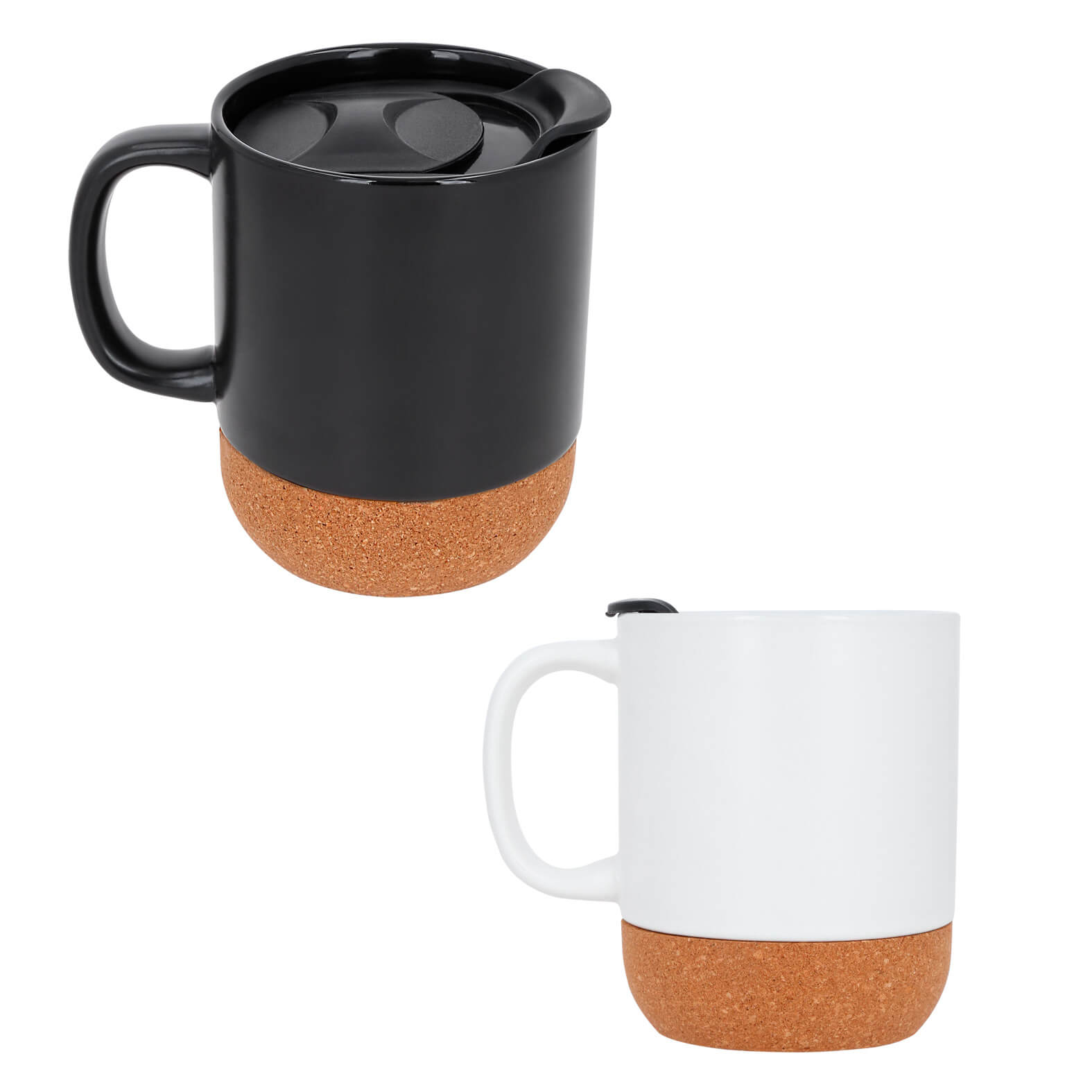 Taza de cerámica con base de corcho, tapa y asa. BLANCO