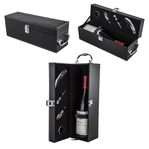 Set para vinos de curpiel con 4 accesorios: Incluye saca corchos, boquilla, corta gotas y corcho metálico. NEGRO