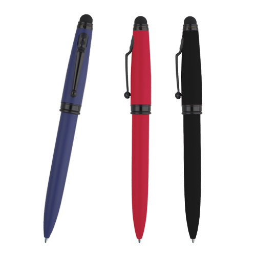 Bolígrafo metálico en acabado mate, clip, goma touch screen, detalles en color negro y mecanismo retráctil. AZUL