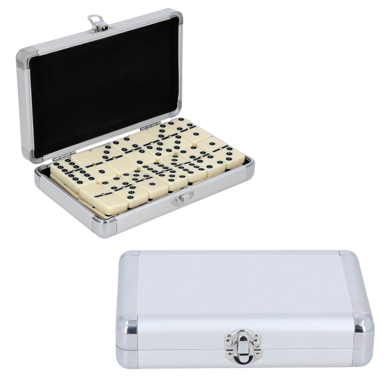 Dominó con 28 fichas, interior suave y estuche de metal. PLATA