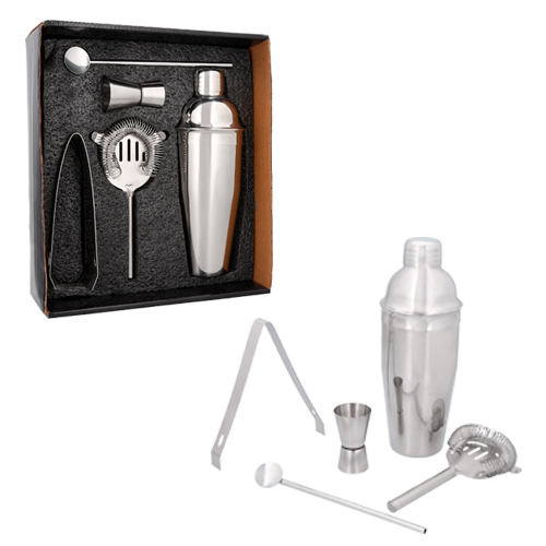 Set para preparación de bebidas. Incluye: shaker de 23 cm de alto por 8 cm de ancho, pinzas, medidor, popote con cucharilla incluida y colador/mezclador. PLATA