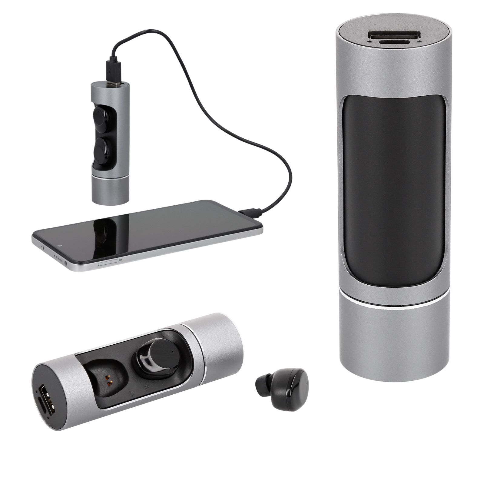 Audífonos bluetooth con botón de encendido/apagado y mecanismo touch. Incluye estuche de aluminio recargable con power bank integrada, gomas de repuesto y cable de carga. GRIS