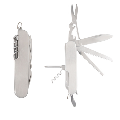 Navaja metálica multiusos con 11 funciones que contiene: navaja, sacacorchos, 2 destapadores, 1 con punta plana, escariador, tijeras, sierra, descamador con quita anzuelos, desarmador de cruz, lima con limpia uñas, enhebrador de agujas y arillo para usar como llavero. PLATA