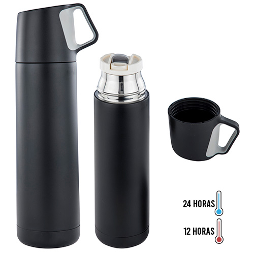 Termo con doble pared de acero inoxidable y tapa que funciona como taza. NEGRO